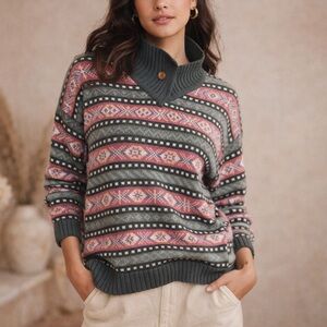 Vintage Susan Bristol Fair Isle Knit Sweater Collared Pullover Size M
